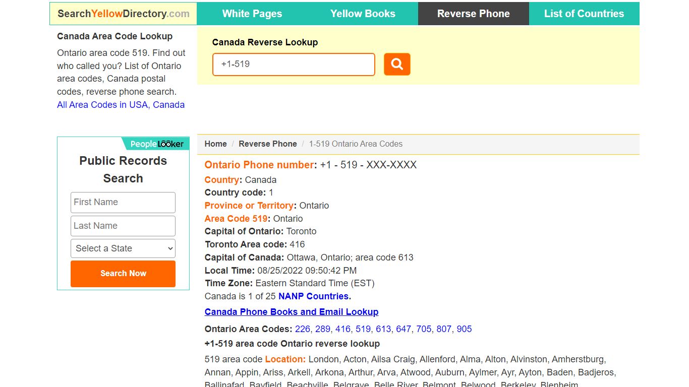 Ontario Area Code 519 Reverse Lookup Phone Number